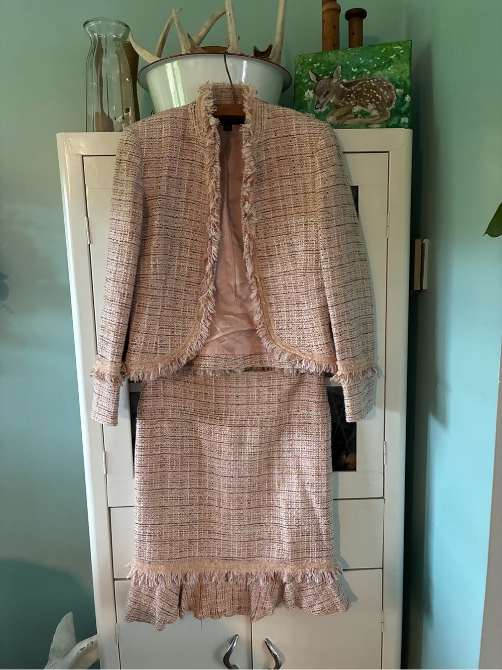 Anne Klein sz 6P Pink Tweed Fringe Jacket & Skirt Set euc